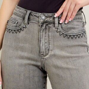Judy Blue Vintage Grey wash Front pocket Embroidery Crop Wide